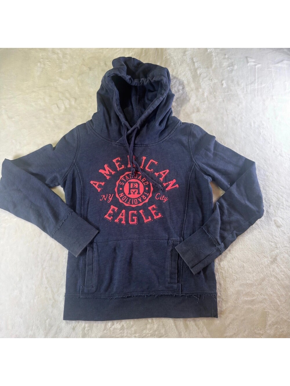 American Eagle Outfitters Womens S Navy Pullover Hoodie Red Graphic Distressed
